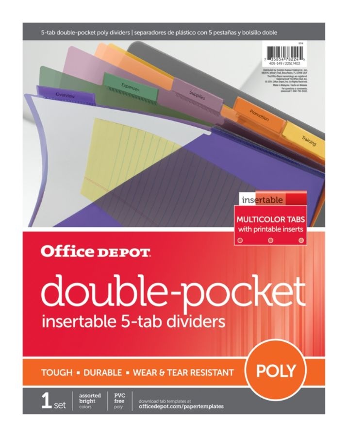 slide 2 of 2, Office Depot Brand Double Pocket Insertable Plastic Divider, 5-Tab, 9 1/2'' X 11 1/4'', Assorted Colors, 1 ct