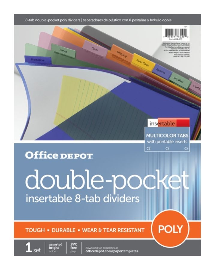 slide 2 of 2, Office Depot Brand Double-Pocket Insertable Plastic Divider, 8-Tab, 9 1/2'' X 11 1/4'', Assorted Colors, 1 ct