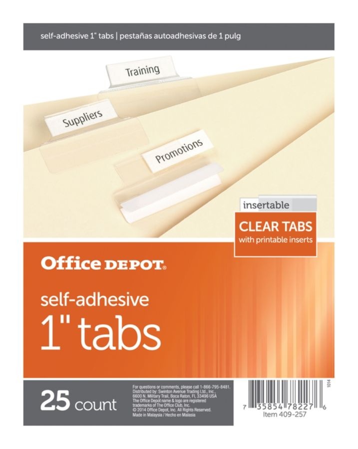 slide 2 of 2, Office Depot Brand Self-Adhesive Tabs With Printable Inserts, 1'', Clear, Pack Of 25, 25 ct