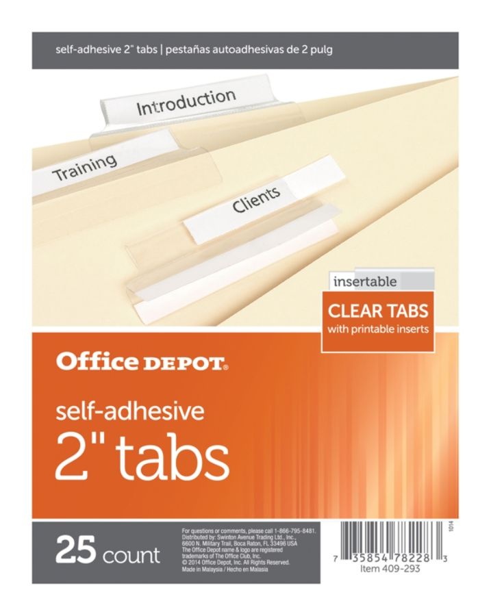 slide 2 of 2, Office Depot Brand Self-Adhesive Tabs With Printable Inserts, 2'', Clear, Pack Of 25, 25 ct