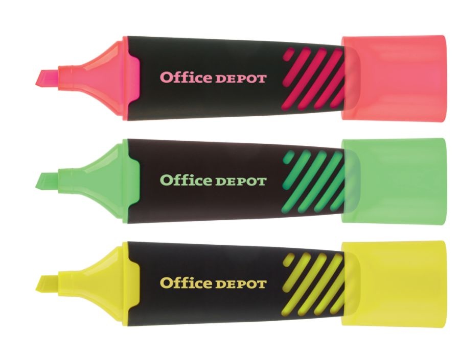 slide 5 of 5, Office Depot Brand Liquid Highlighters, Chisel Point, Black/Translucent Barrel, Assorted Ink Colors, Pack Of 3, 3 ct