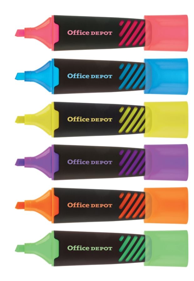 slide 6 of 8, Office Depot Brand Liquid Highlighters, Chisel Point, Black/Translucent Barrel, Assorted Ink Colors, Pack Of 6, 6 ct