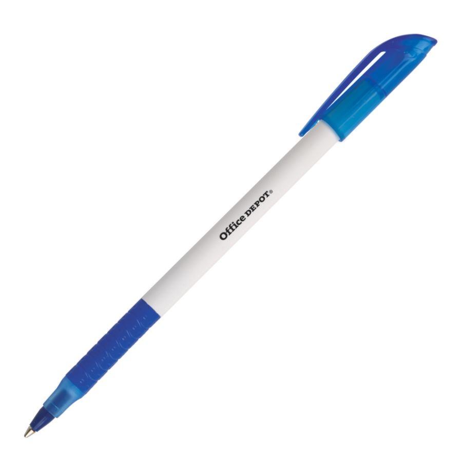 slide 2 of 2, Office Depot Brand Grip Ballpoint Pens, Medium Point, 1.0 Mm, White Barrel, Blue Ink, Pack Of 12, 12 ct