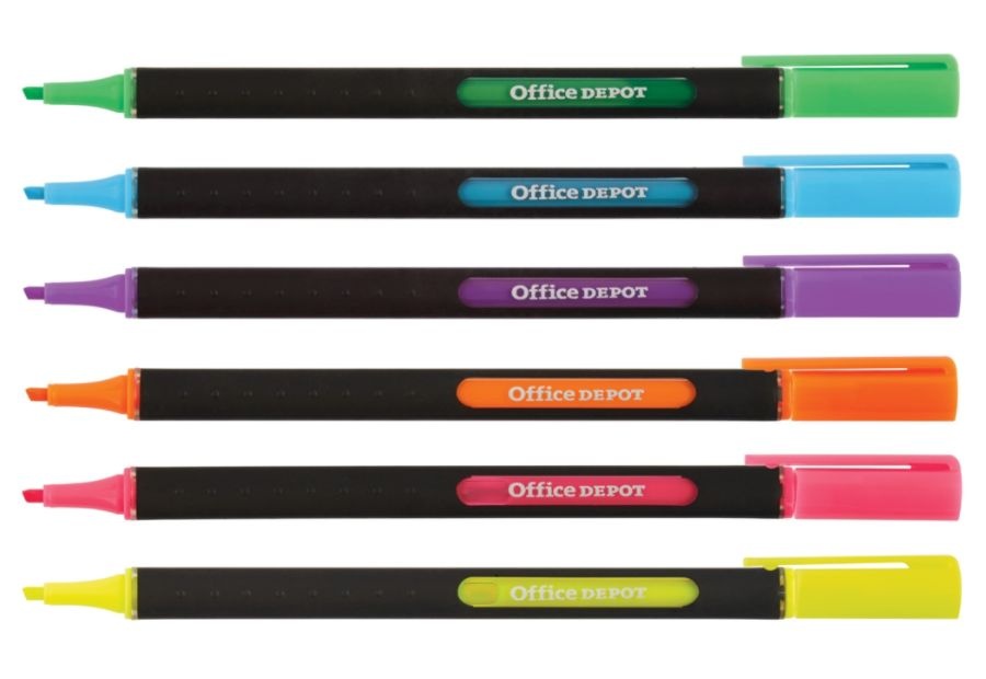 slide 3 of 8, Office Depot Brand Liquid Triangle Highlighters, Chisel Point, Assorted Neon Colors, Pack Of 12, 12 ct