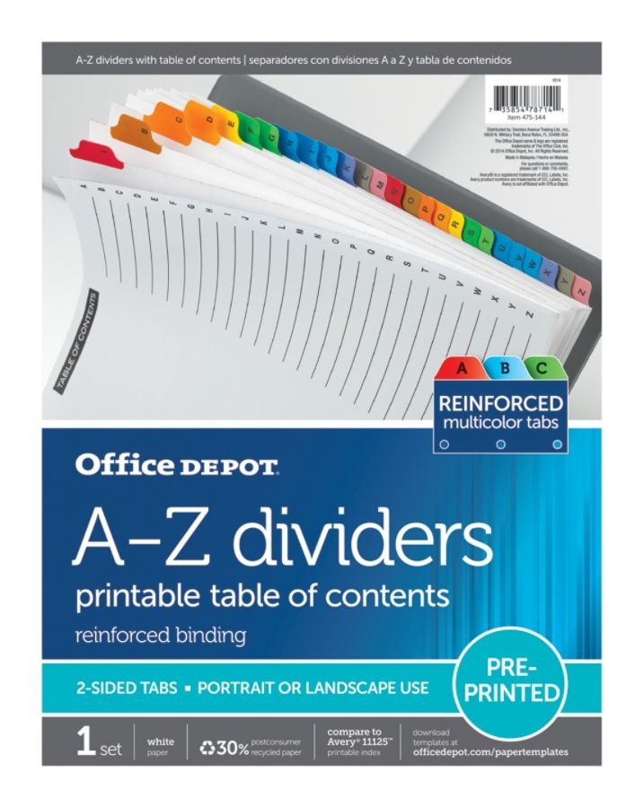 slide 2 of 2, Office Depot Brand Table Of Contents Customizable Index With Preprinted Tabs, Assorted Colors, A-Z, 1 ct
