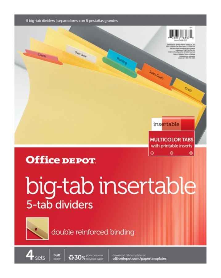 slide 2 of 2, Office Depot Brand Insertable Dividers With Big Tabs, Buff, Assorted Colors, 5-Tab, Pack Of 4 Sets, 4 ct