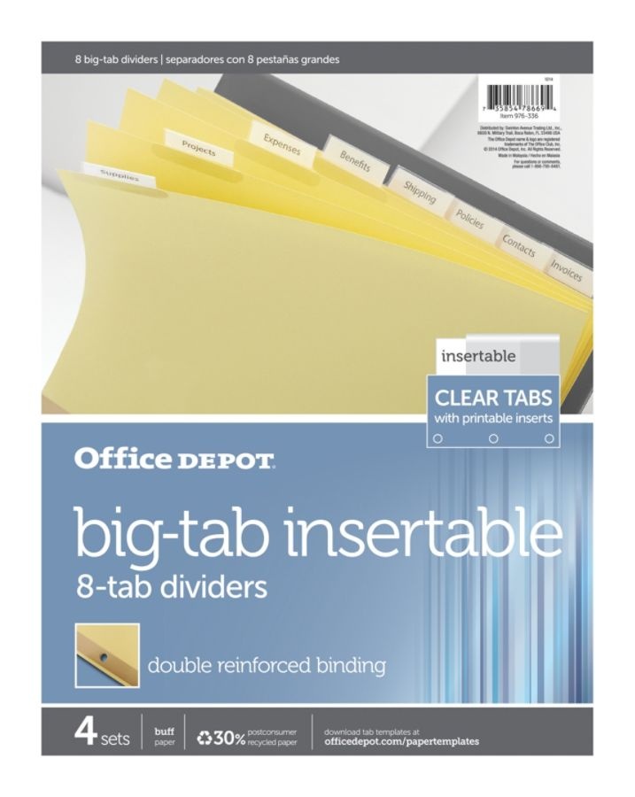 slide 2 of 2, Office Depot Insertable Dividers with Big Tabs, Buff, Clear Tabs, 8-Tab, 4 ct