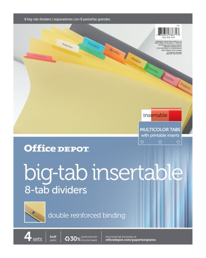 slide 2 of 2, Office Depot Brand Insertable Dividers With Big Tabs, Buff, Assorted Colors, 8-Tab, Pack Of 4 Sets, 4 ct