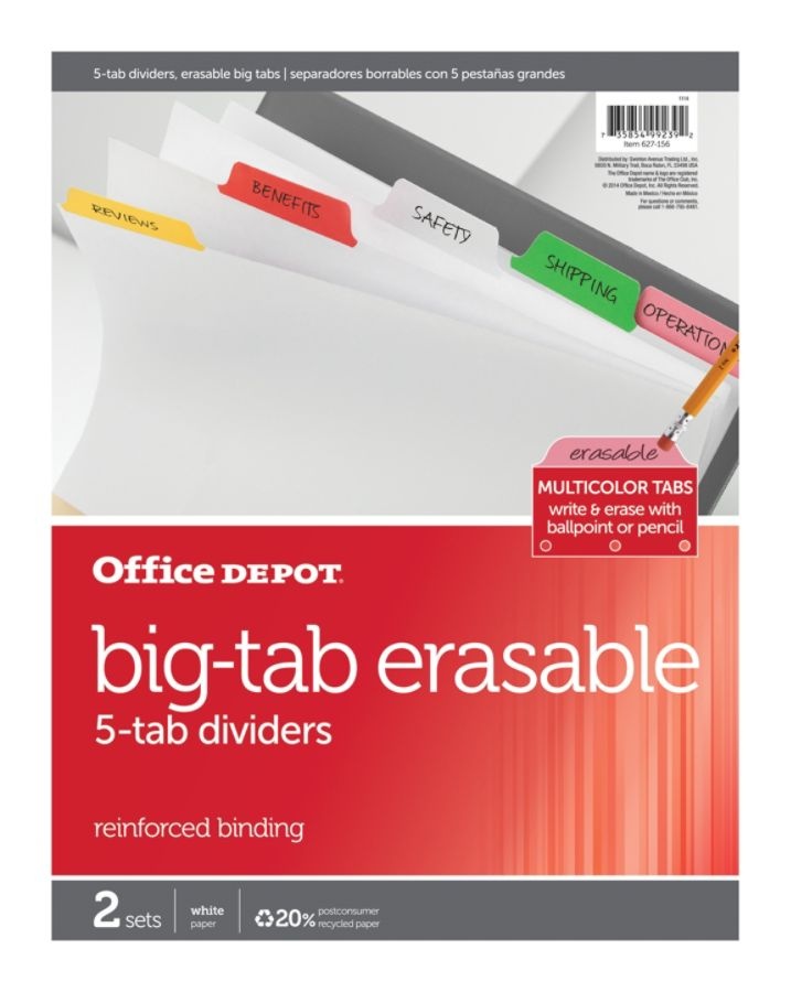 slide 2 of 2, Office Depot Brand Erasable Big Tab Dividers, 5-Tab, Assorted Colors, Pack Of 2 Sets, 2 ct