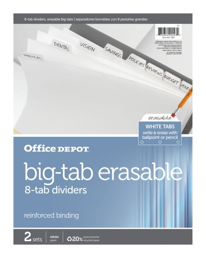 slide 2 of 2, Office Depot Brand Erasable Big Tab Dividers, 8-Tab, White, Pack Of 2 Sets, 2 ct