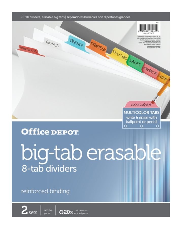 slide 2 of 2, Office Depot Brand Erasable Big Tab Dividers, 8-Tab, Assorted Colors, Pack Of 2 Sets, 2 ct