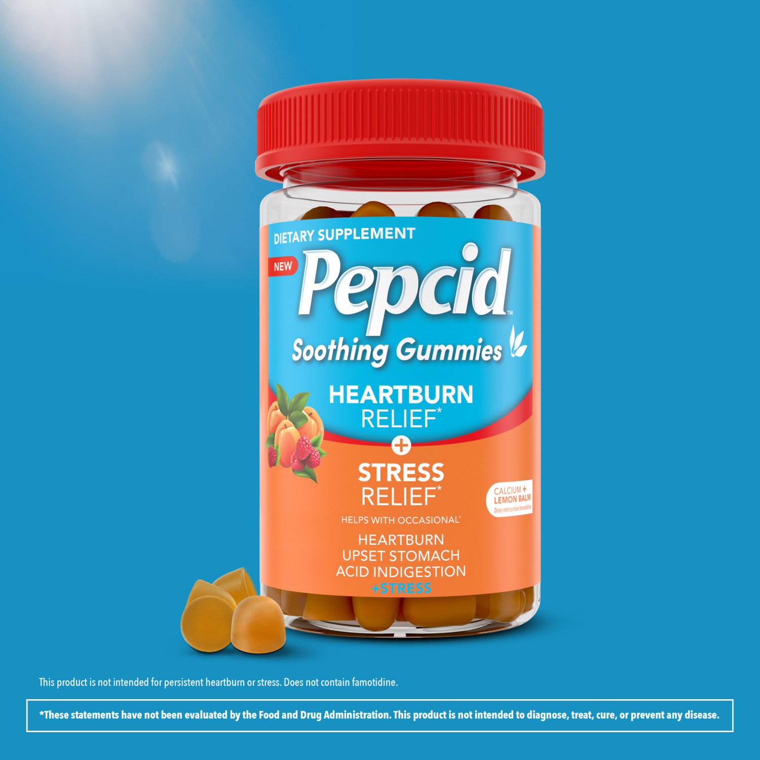 slide 5 of 8, Pepcid Soothing Gummies, Heartburn Relief + Stress Relief, Peach-Raspberry, 32 ct, 32 ct