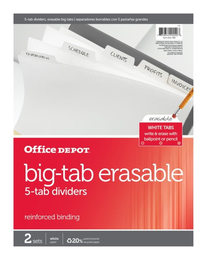 slide 2 of 2, Office Depot Brand Erasable Big Tab Dividers, 5-Tab, White, Pack Of 2 Sets, 2 ct