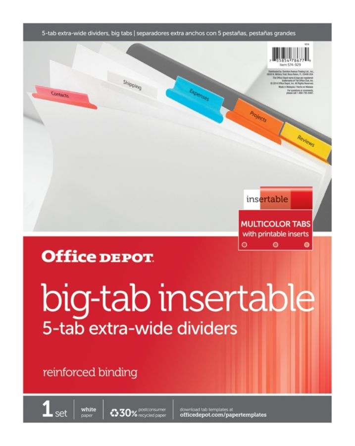 slide 2 of 2, Office Depot Brand Insertable Extra-Wide Dividers With Big Tabs, Assorted Colors, 5-Tab, 1 ct