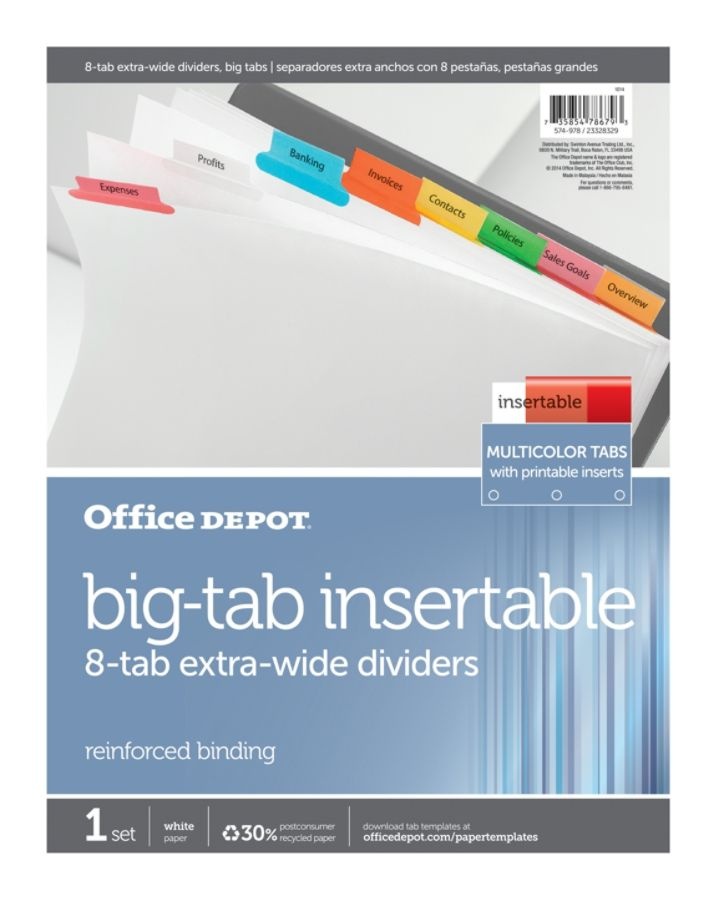 slide 2 of 2, Office Depot Brand Insertable Extra-Wide Dividers With Big Tabs, Assorted Colors, 8-Tab, 1 ct