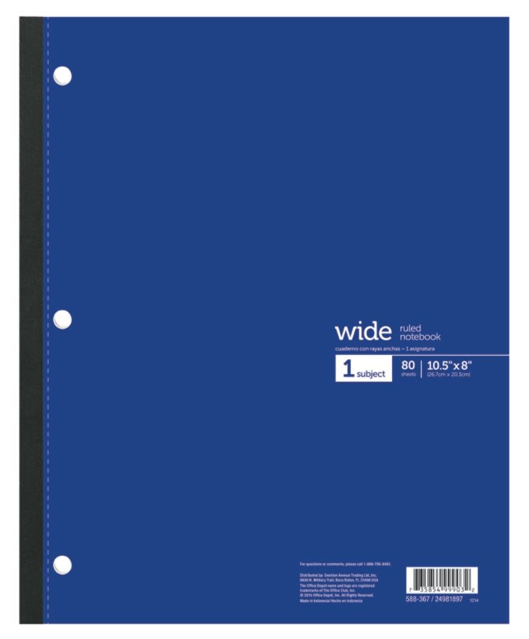 slide 2 of 7, Office Depot Brand Wireless Notebook, 8 1/2'' X 10 1/2'', 3-Hole Punched, 1 Subject, Wide Ruled, 80 Sheets, Assorted Colors, 80 ct