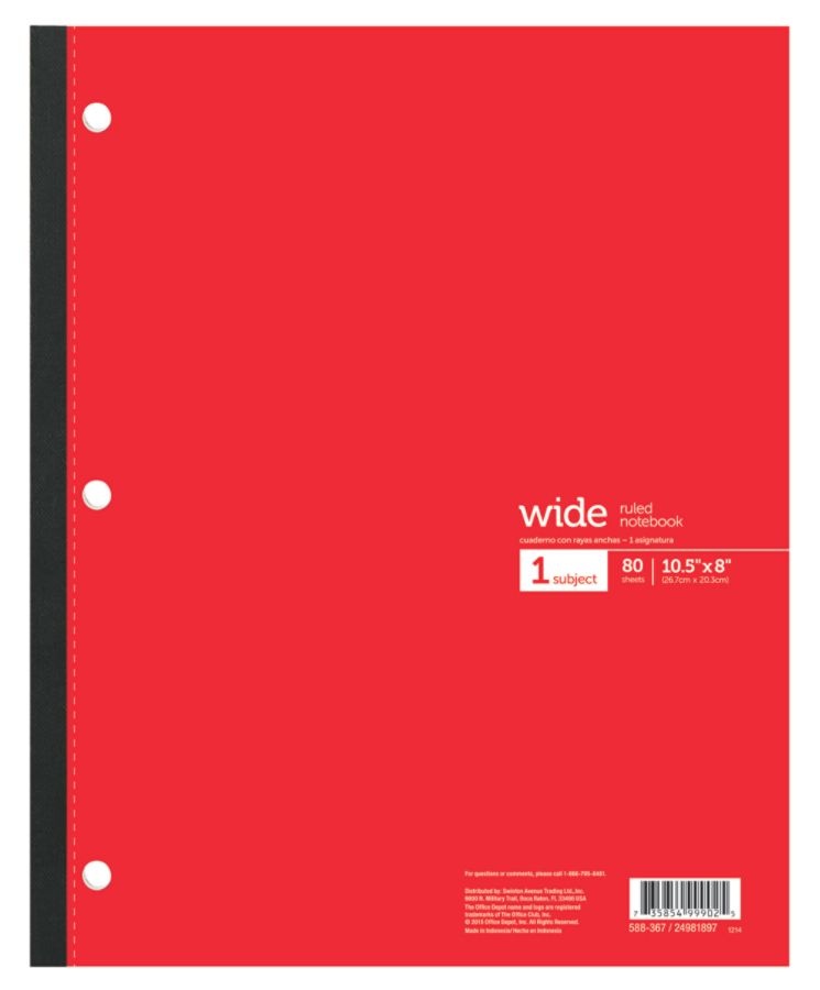 slide 7 of 7, Office Depot Brand Wireless Notebook, 8 1/2'' X 10 1/2'', 3-Hole Punched, 1 Subject, Wide Ruled, 80 Sheets, Assorted Colors, 80 ct