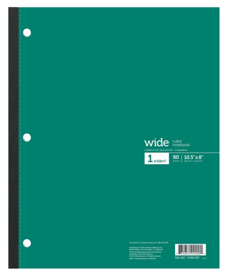 slide 4 of 7, Office Depot Brand Wireless Notebook, 8 1/2'' X 10 1/2'', 3-Hole Punched, 1 Subject, Wide Ruled, 80 Sheets, Assorted Colors, 80 ct