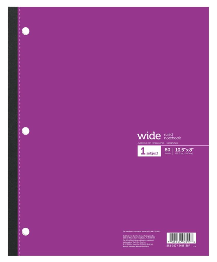 slide 3 of 7, Office Depot Brand Wireless Notebook, 8 1/2'' X 10 1/2'', 3-Hole Punched, 1 Subject, Wide Ruled, 80 Sheets, Assorted Colors, 80 ct