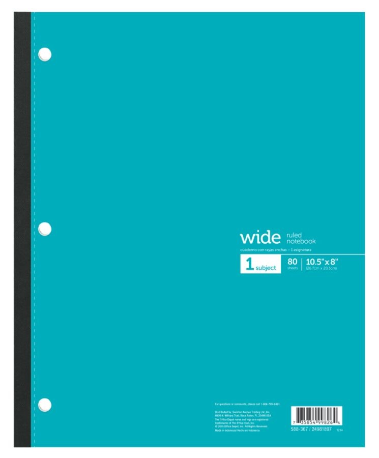 slide 6 of 7, Office Depot Brand Wireless Notebook, 8 1/2'' X 10 1/2'', 3-Hole Punched, 1 Subject, Wide Ruled, 80 Sheets, Assorted Colors, 80 ct