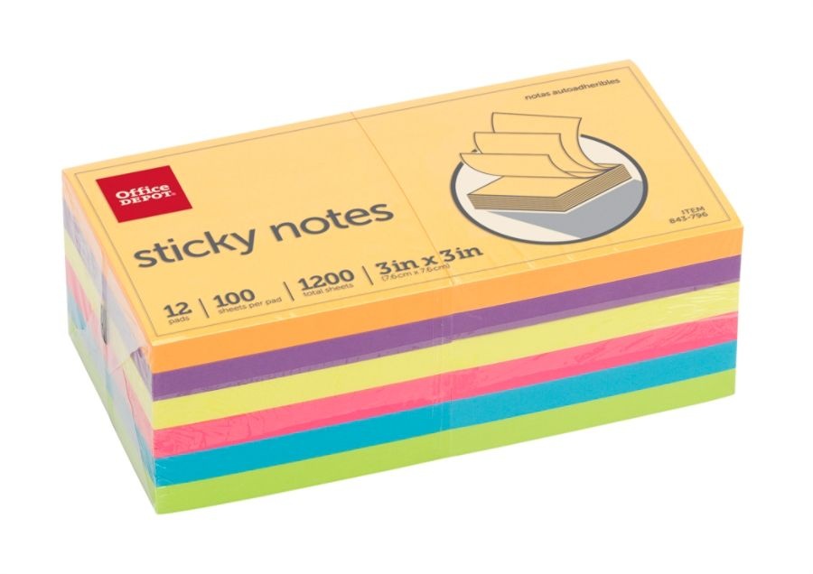 slide 2 of 3, Office Depot Brand Sticky Notes, 3'' X 3'', Assorted Deep Colors, 100 Sheets Per Pad, Pack Of 12, 12 ct