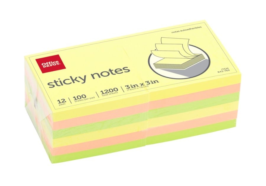 slide 2 of 3, Office Depot Brand Sticky Notes, 3'' X 3'', Assorted Bright Colors, 100 Sheets Per Pad, Pack Of 12, 12 ct
