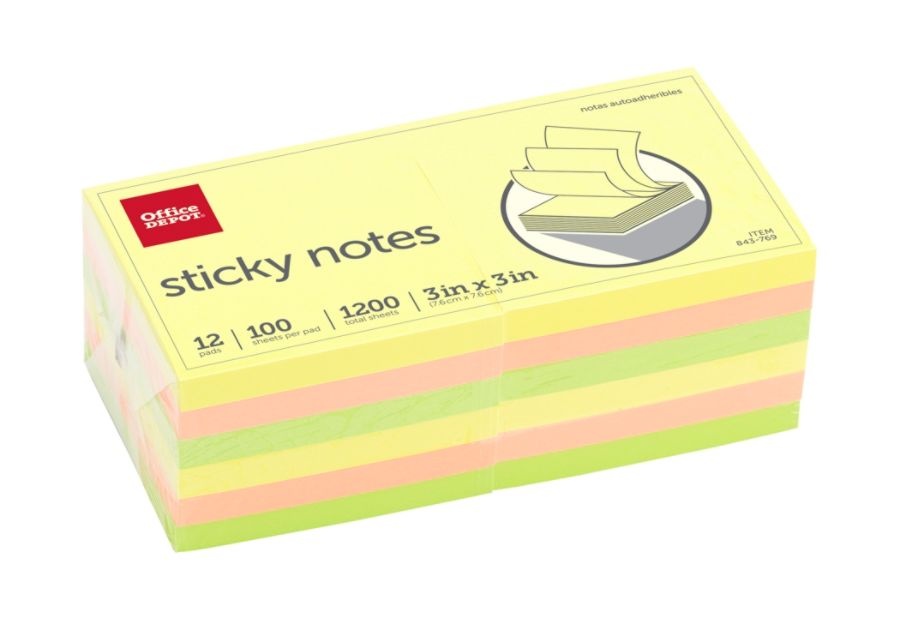 slide 3 of 3, Office Depot Brand Sticky Notes, 3'' X 3'', Assorted Bright Colors, 100 Sheets Per Pad, Pack Of 12, 12 ct