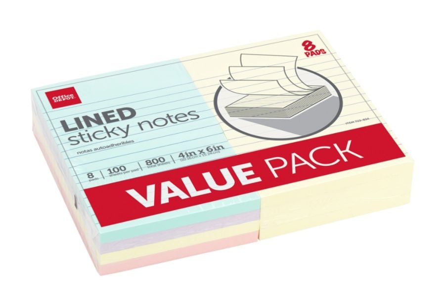 slide 2 of 2, Office Depot Brand Lined Sticky Notes, 4'' X 6'', Assorted Pastel Colors, 100 Sheets Per Pad, Pack Of 8, 8 ct