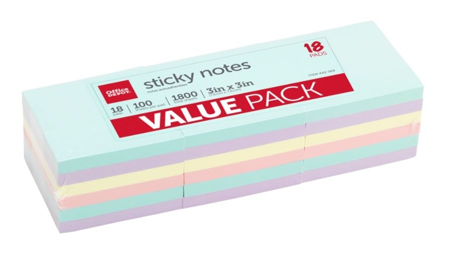 slide 2 of 3, Office Depot Brand Sticky Notes Value Pack, 3'' X 3'', Assorted Pastel Colors, 100 Sheets Per Pad, Pack Of 18, 18 ct