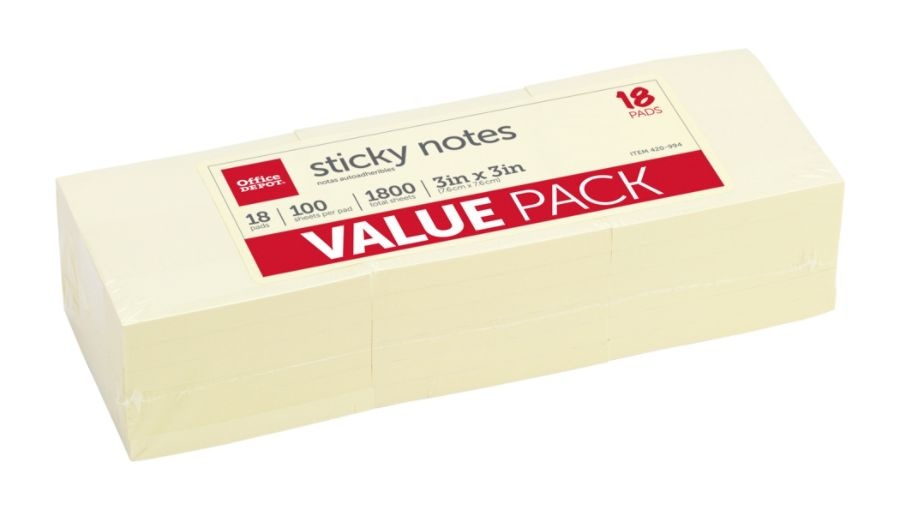 slide 2 of 2, Office Depot Brand Sticky Notes Value Pack, 3'' X 3'', Yellow, 100 Sheets Per Pad, Pack Of 18, 18 ct