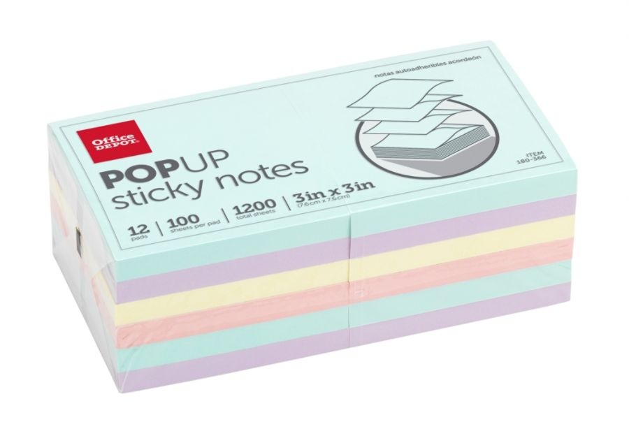 slide 4 of 4, Office Depot Brand Pop Up Sticky Notes, 3'' X 3'', Assorted Pastel Colors, 100 Sheets Per Pad, Pack Of 12, 12 ct