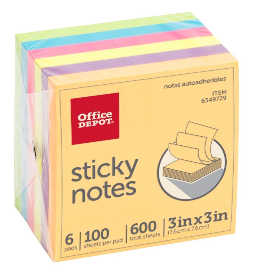 slide 2 of 3, Office Depot Brand Sticky Notes, 3'' X 3'', Assorted Deep Colors, 100 Sheets Per Pad, Pack Of 6 Pads, 6 ct