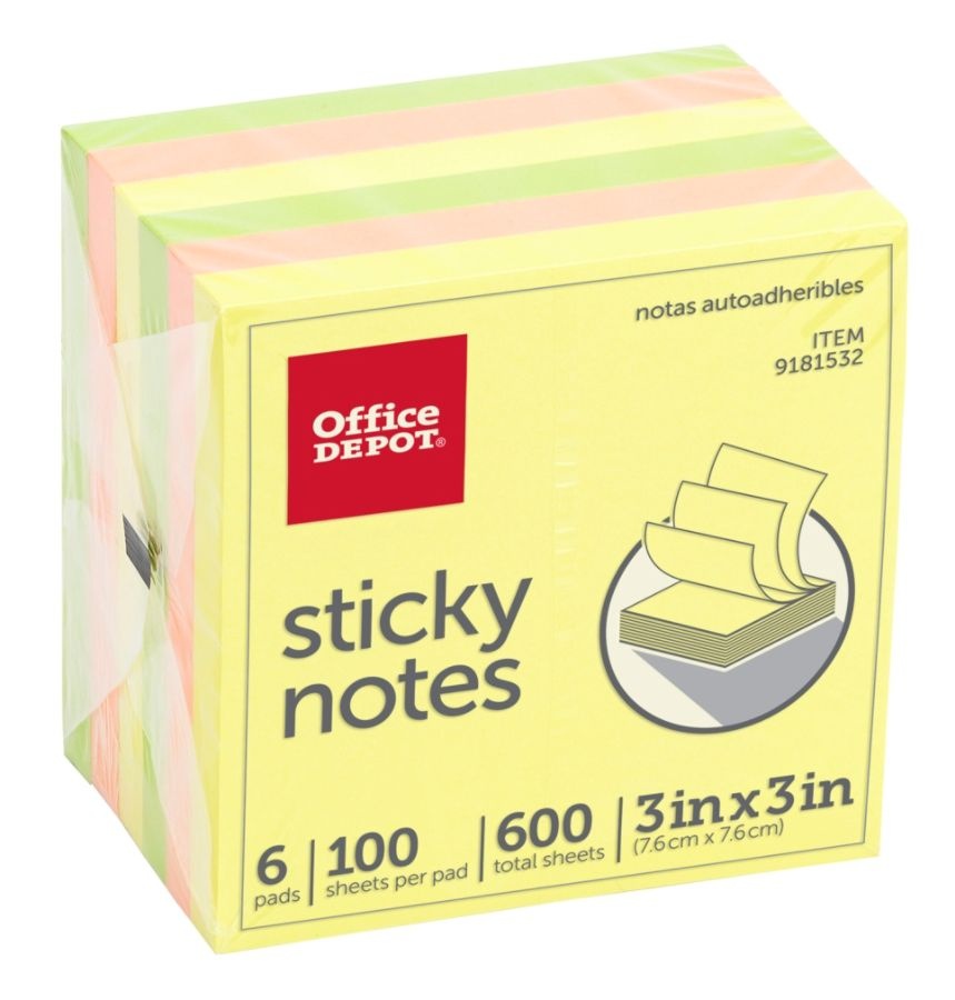 slide 2 of 3, Office Depot Brand Sticky Notes, 3'' X 3'', Assorted Bright Colors, 100 Sheets Per Pad, Pack Of 6 Pads, 6 ct