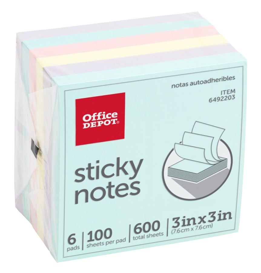 slide 2 of 2, Office Depot Brand Sticky Notes, 3'' X 3'', Assorted Pastel Colors, 100 Sheets Per Pad, Pack Of 6 Pads, 6 ct