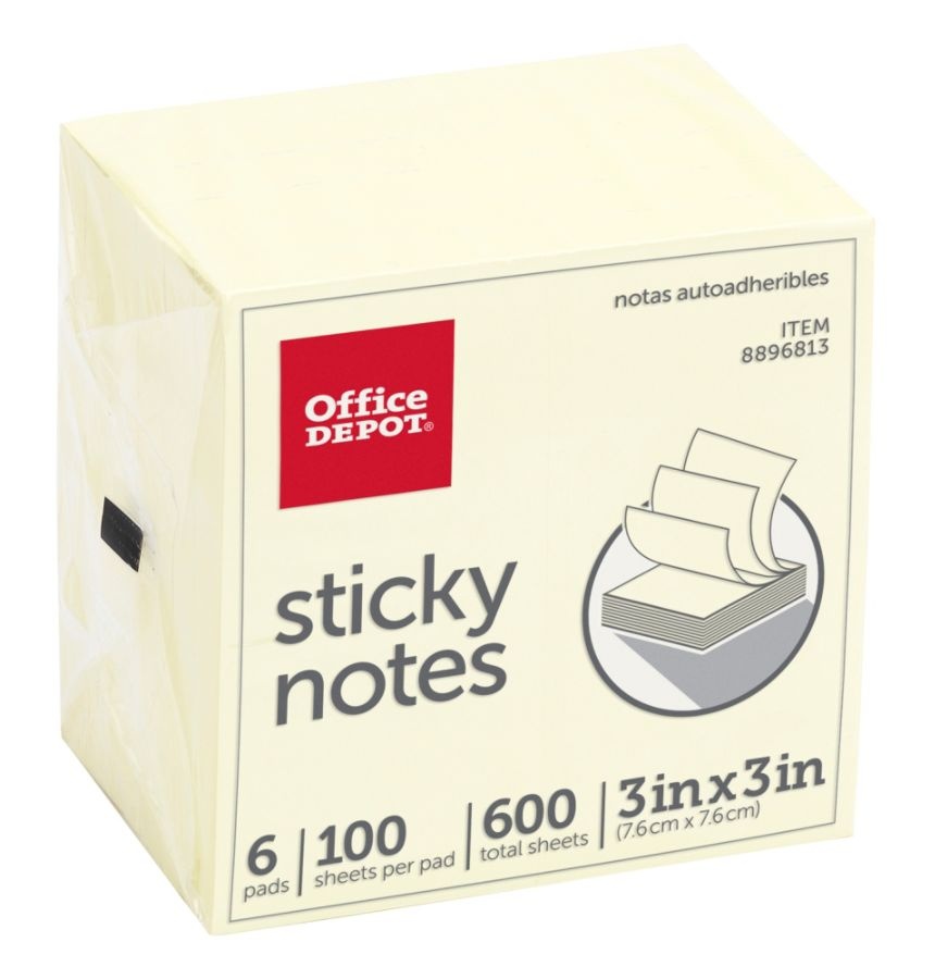 slide 2 of 2, Office Depot Brand Sticky Notes, 3'' X 3'', Pastel Yellow, 100 Sheets Per Pad, Pack Of 6 Pads, 6 ct