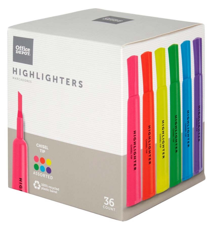 slide 7 of 8, Office Depot Brand Chisel-Tip Highlighter, 100% Recycled Plastic, Assorted Fluorescent Colors, Pack Of 36, 36 ct