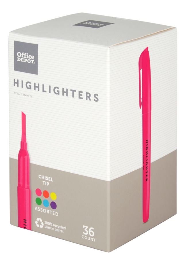 slide 2 of 8, Office Depot Brand Pen-Style Highlighters, Chisel Tip, 100% Recycled, Assorted Colors, Pack Of 36, 36 ct