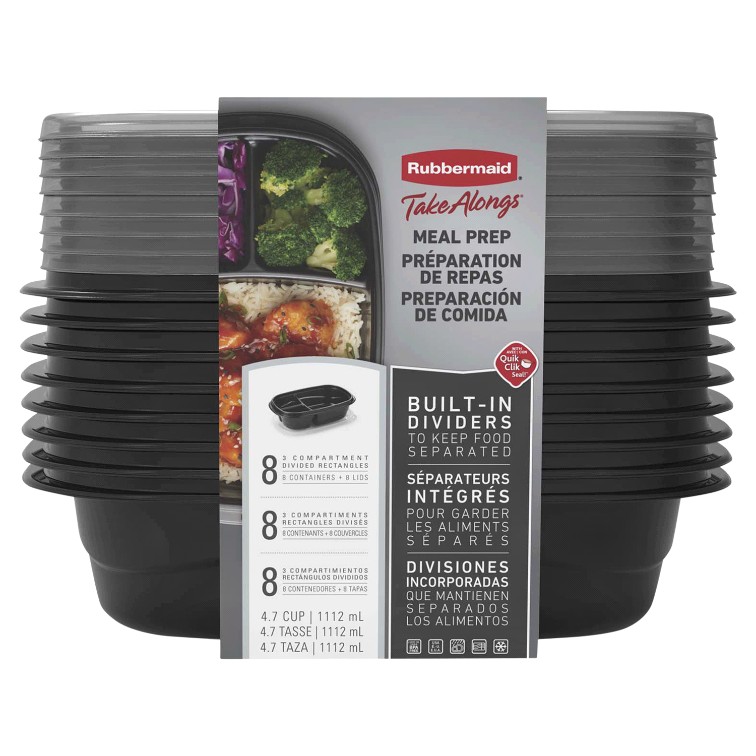 slide 1 of 1, Rubbermaid TakeAlongs 4.7 Cup 3 Compartment Divided Rectangles Containers & Lids 8 ea, 8 ct