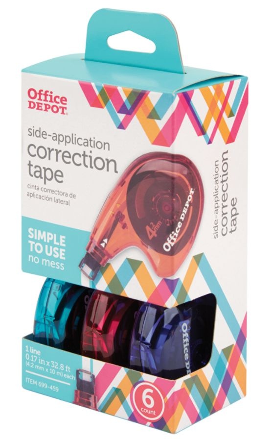 slide 2 of 3, Office Depot Brand Side-Application Correction Tape, 1 Line X 392'', Assorted Colors, Pack Of 6, 6 ct