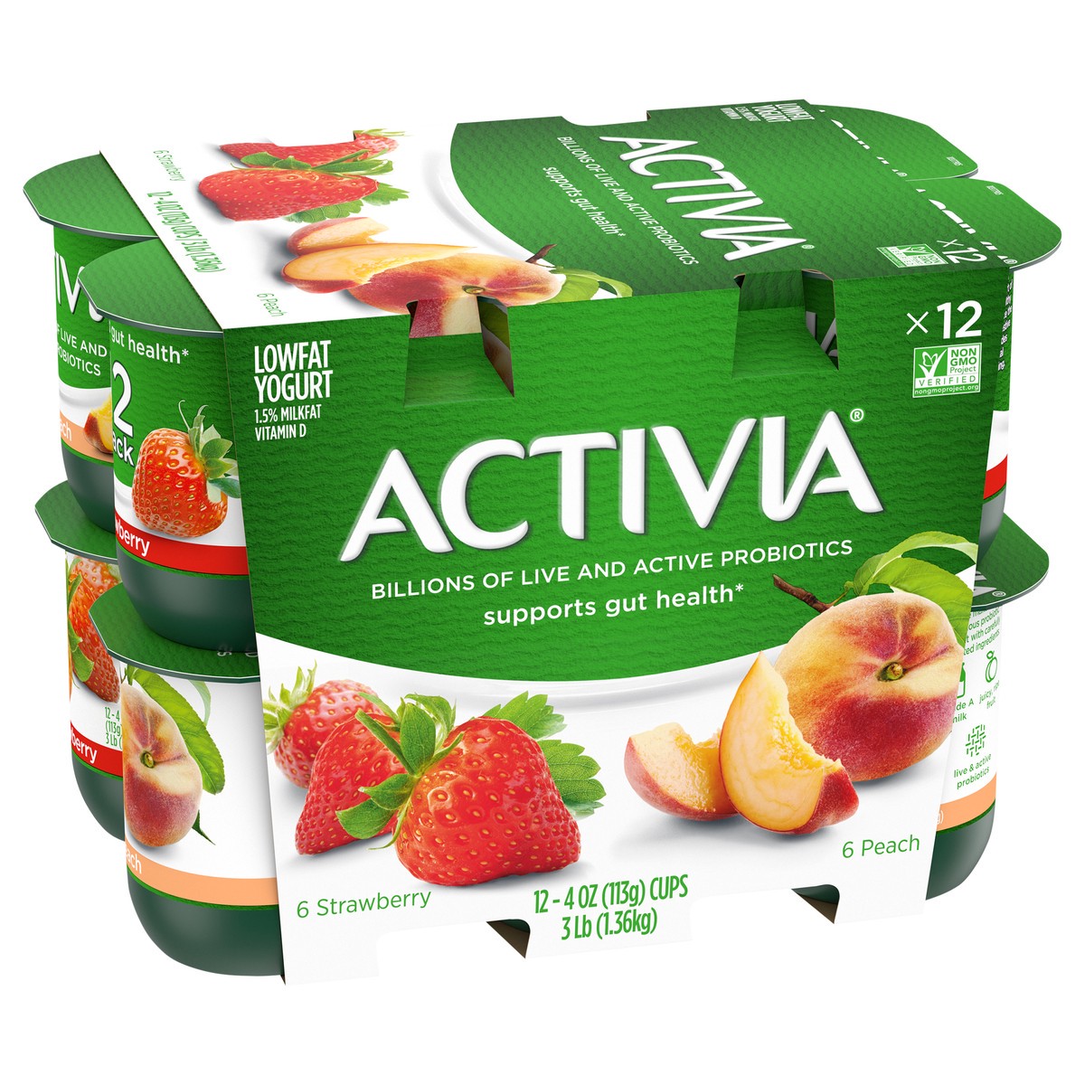 slide 2 of 8, Activia Probiotic Peach & Strawberry Yogurt Variety Pack - 12ct/4oz Cups, 