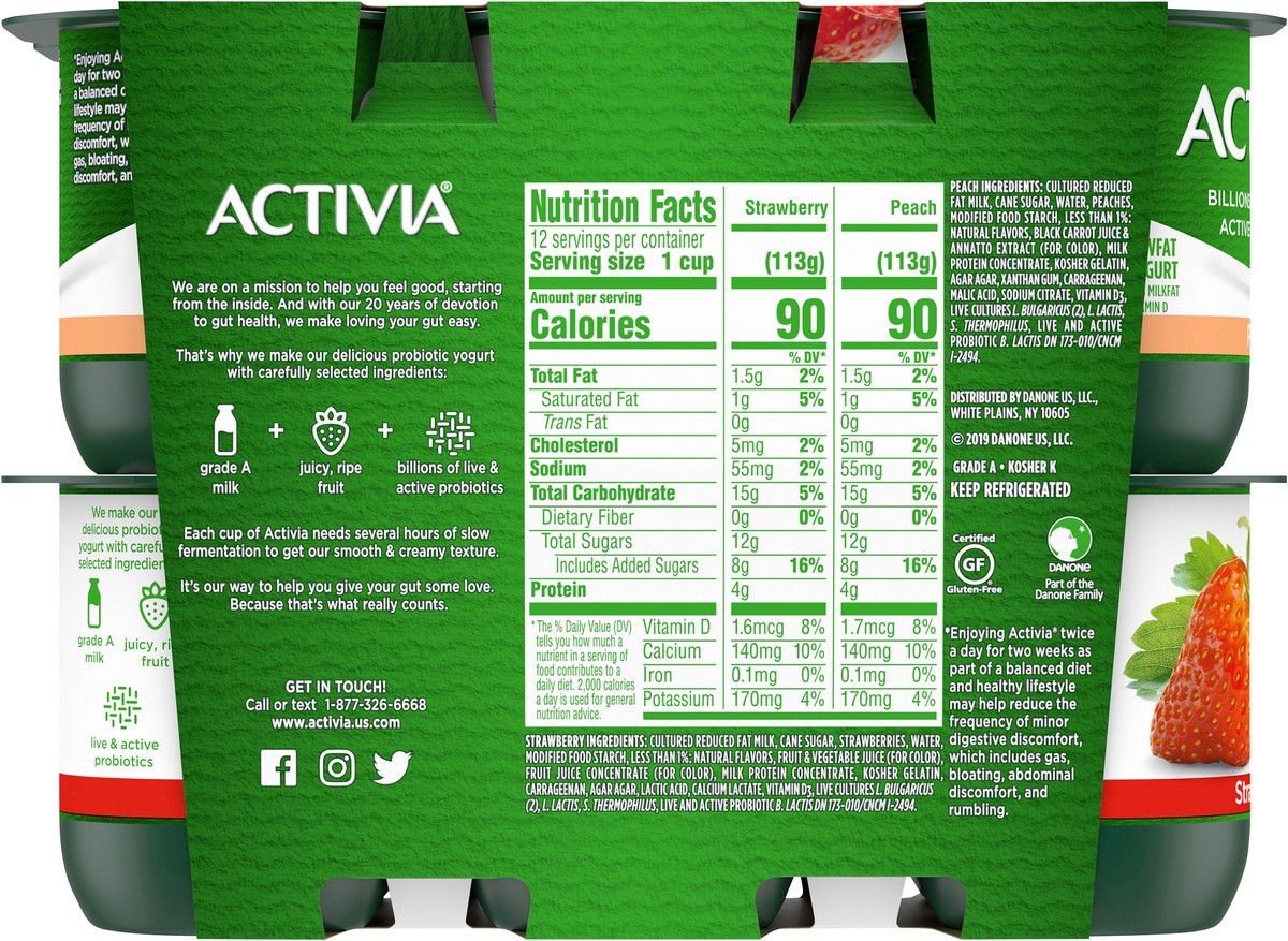 slide 4 of 8, Activia Probiotic Peach & Strawberry Yogurt Variety Pack - 12ct/4oz Cups, 