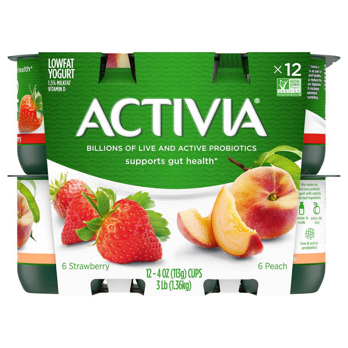slide 1 of 8, Activia Probiotic Peach & Strawberry Yogurt Variety Pack - 12ct/4oz Cups, 