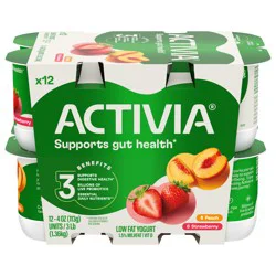 Activia Peach and Strawberry Probiotic Yogurt, Lowfat Yogurt Cups, 4 OZ, 12 CT