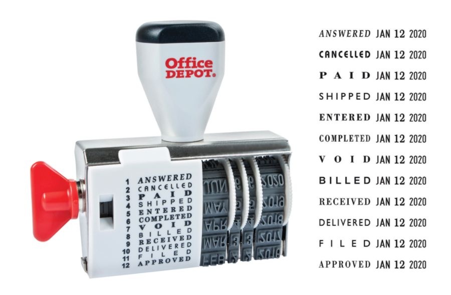 slide 2 of 2, Office Depot Message Date Stamp Dater Answered, Cancelled, Paid, Shipped, Entered, Completed, Void, Billed, Received, Delivered, Filed, Approved Stamp, Dial-N-Stamp Traditional Style Message Date Stamp Dater, 1 ct