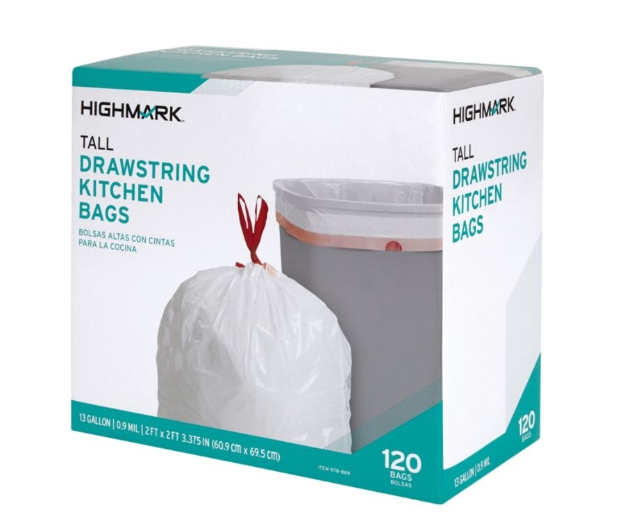 slide 3 of 3, Highmark 0.9-Mil Drawstring Trash Bags White, 120 ct; 13 gal