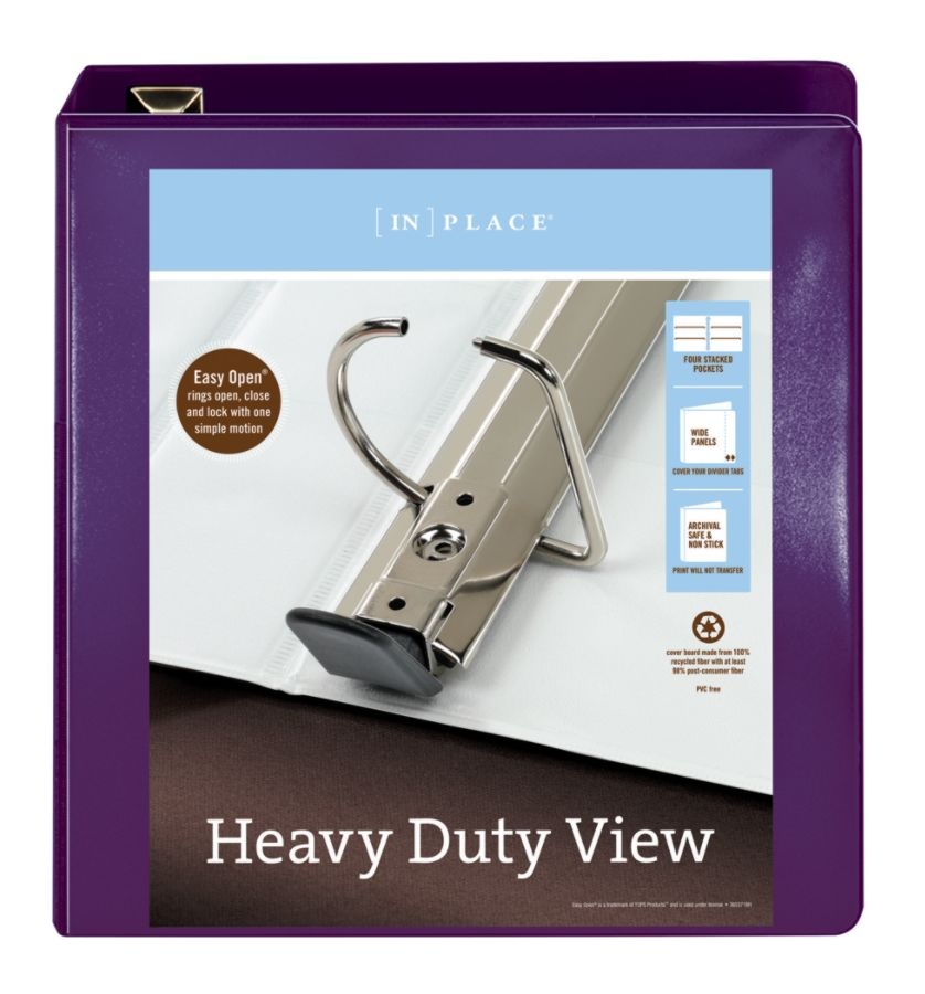 slide 5 of 5, Office Depot Brand Heavy-Duty D-Ring View Binder, 2'' Rings, Purple, 1 ct