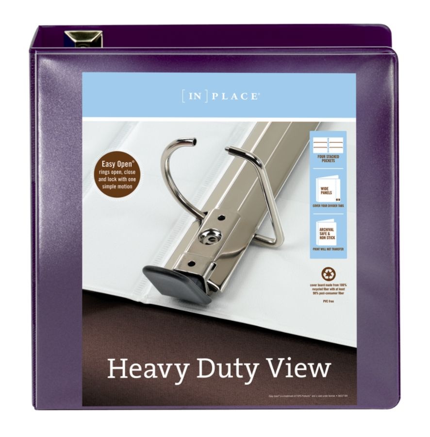 slide 5 of 5, Office Depot Brand Heavy-Duty D-Ring View Binder, 3'' Rings, Purple, 1 ct