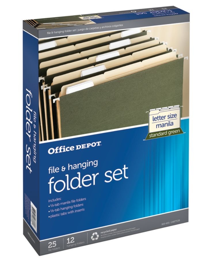 slide 2 of 4, Office Depot Hanging File Folder/File Folder Combo Kit, Letter Size (8-1/2'' X 11''), 3/4'' Expansion, 100% Recycled, Green, 1 ct