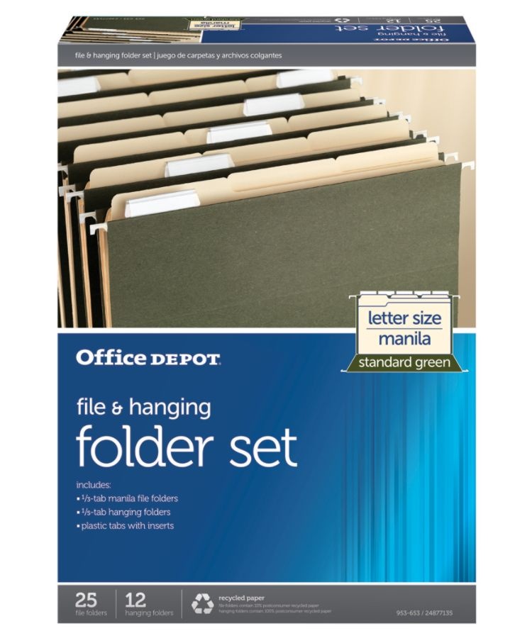 Office Depot Hanging File Folder/File Folder Combo Kit, Letter Size  (8-1/2'' X 11''), 3/4'' Expansion, 100% Recycled, Green 1 ct | Shipt