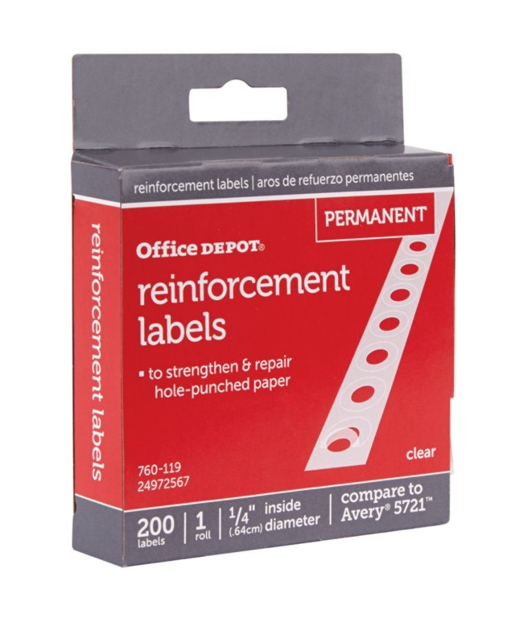 slide 3 of 3, Office Depot Brand Permanent Self-Adhesive Reinforcement Labels, 1/4'' Diameter, Clear, Pack Of 200, 200 ct